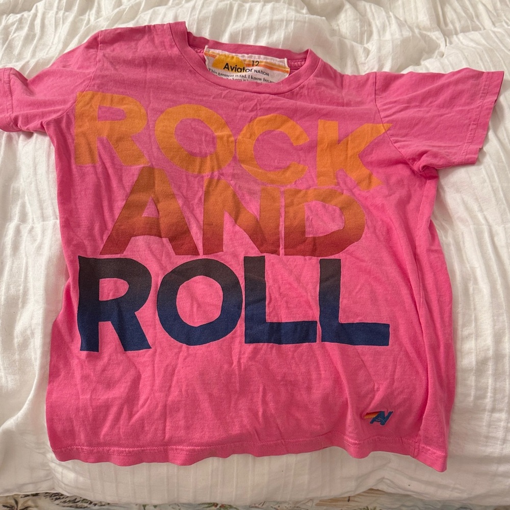 Aviator Nation Pink Rock and Roll Kids T-Shirt Sz 12
